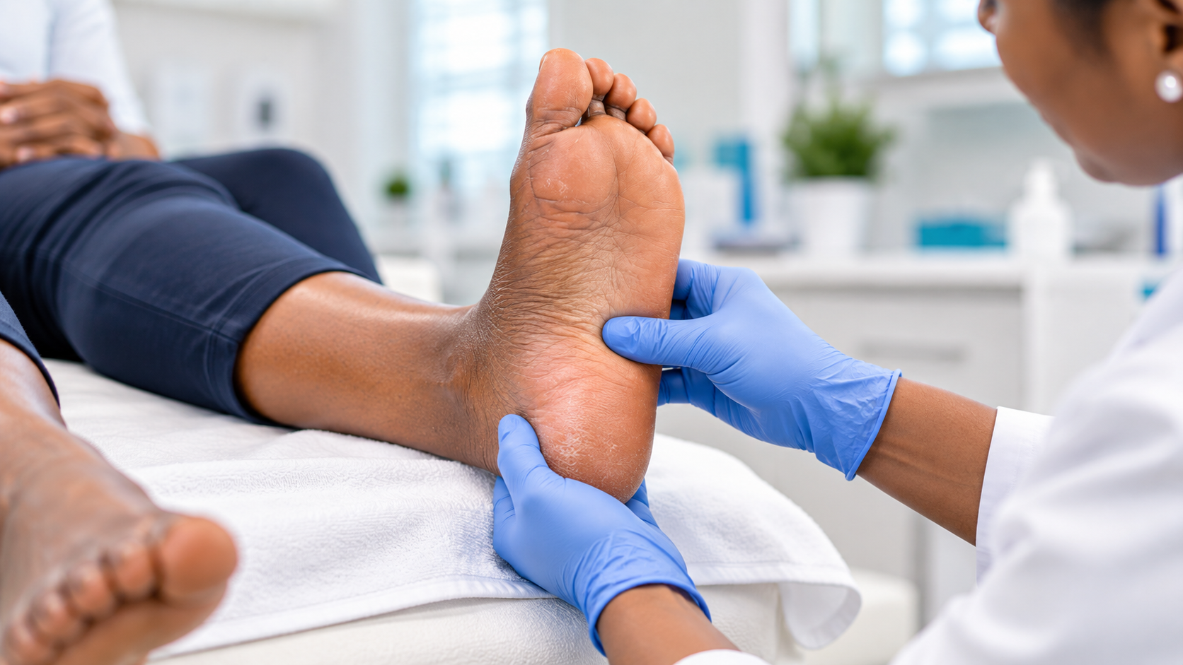 Podiatrist assessing the heel and sole of a patient's foot