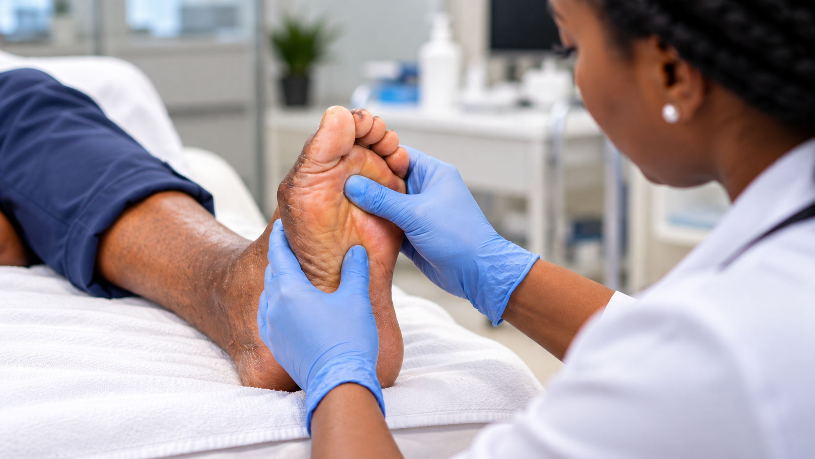 Podiatrist assessing a patient's foot in a clinical setting